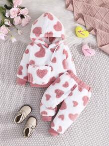 2 件套秋冬女宝宝长袖可爱粉色爱心羊毛保暖连帽卫衣和裤子套装，休闲舒适 + 包