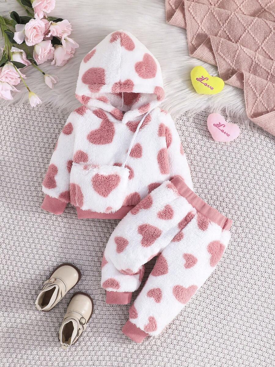 2 件套秋冬女宝宝长袖可爱粉色爱心羊毛保暖连帽卫衣和裤子套装，休闲舒适 + 包