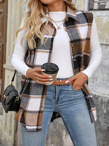 Plus Size Women Fashion Plaid Sleeveless Vest Jacket