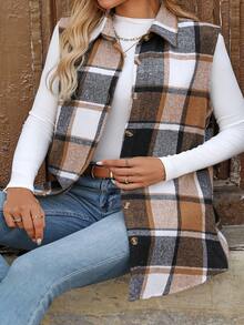 Plus Size Women Fashion Plaid Sleeveless Vest Jacket