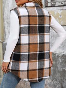 Plus Size Women Fashion Plaid Sleeveless Vest Jacket