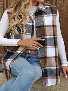 Plus Size Women Fashion Plaid Sleeveless Vest Jacket