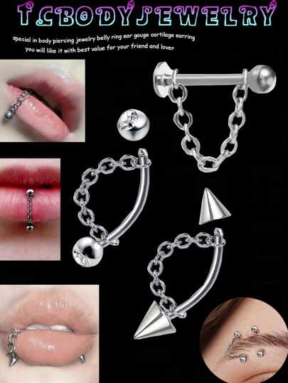 1-5 piezas Joyería de perforación de acero inoxidable 16G para tragus, hélix, rook, con cadena, aretes de cartílago para mujer, aros de ombligo, piercing labial vertical, joyería para perforaciones de cejas