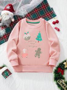 Young Girl Christmas Cartoon Christmas Tree Print Long Sleeve Sweatshirt, Party Wear In Autumn/Winter