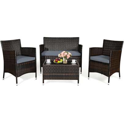 4PCS Rattan Patio Furniture Set Cushioned Sofa Chair Coffee Table