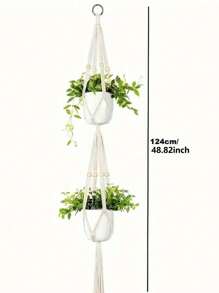 1 件装植物吊架室内悬挂花盆篮带木珠装饰花盆架无流苏适用于室内室外波西米亚风家居装饰 35 英寸，象牙色户外装饰 - 米色 - 查看 4