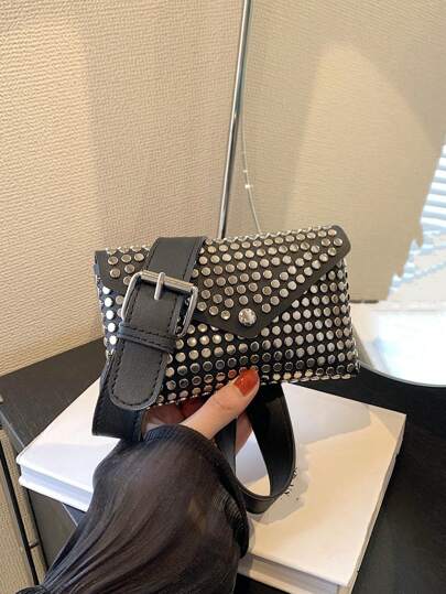 Women s Mini Crossbody Bag Vintage Rivet Motorcycle Bag Multifunctional Fashion Waist Bag With Wide Strap Phone Bag Punk Hip Hop Glitters Belt Bag Chic Square Bag Belt Bag SHEIN USA