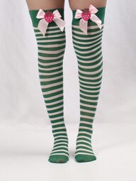 1 Pair Green & White Striped Bow Strawberry Design Over The Knee Socks For Women, Y2k