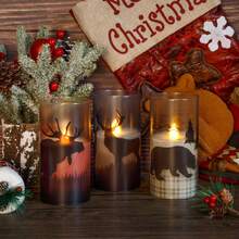 3pcs Flameless Led Real Glass Remote Candles With Deer Moose Bear Decal, 3" X6" Flickering Battery Operated Timer Pillar Candles For Halloween, Christmas, Party Decor(Long Life 450H) - Multicolor - View 4