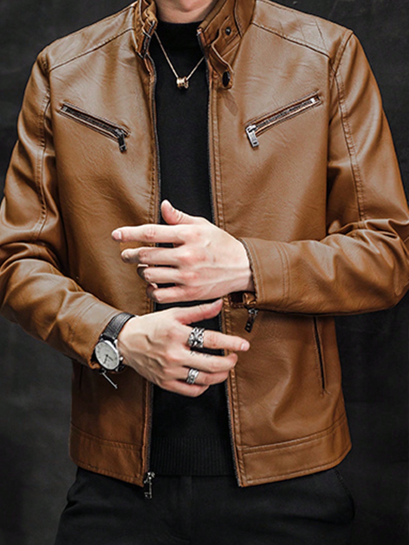 معطف جلد أسلوب صديق للرجال ، جاكيت ركوب رياضية للد...