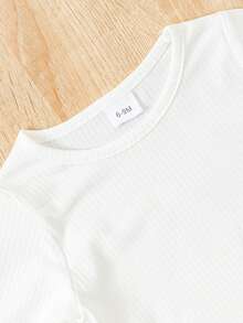 2 件装女婴纯色罗纹长袖上衣和刺绣牛仔背带裤套装，秋冬 - 白色 - 查看 7