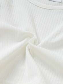 2 件装女婴纯色罗纹长袖上衣和刺绣牛仔背带裤套装，秋冬 - 白色 - 查看 9