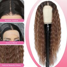 30 英寸长卷曲蕾丝前部合成假发卷发合成蕾丝前部假发，13x4 T 部分合成蕾丝假发预拔深波浪假发棕色混合金色挑染假发女士中分假发初学者友好自然造型适合女孩日常派对使用 - 挑染金色 - 查看 2