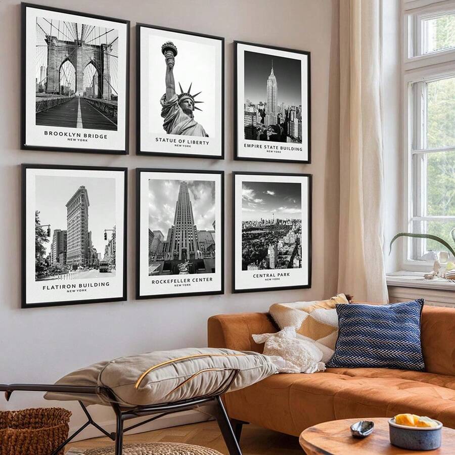 1Pc New York Travel Gift, International Cities Famous Tourist Attractions Poster Black And White Traveling Wall Art Decor Travel Aesthetic Canvas PrintsBlack And White Photos, Gallery Wall Landmark Set