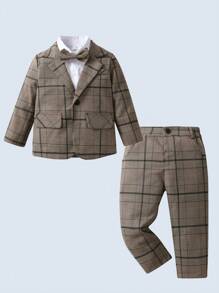 3pcs Young Boys Gentleman Suit Set: Long Sleeve Shirt With Bowknot , Blazer Jacket, And Trousers, Fashion Formal Outfit For Birthday Party, Wedding, Anniversary - 卡其色 - 查看 8