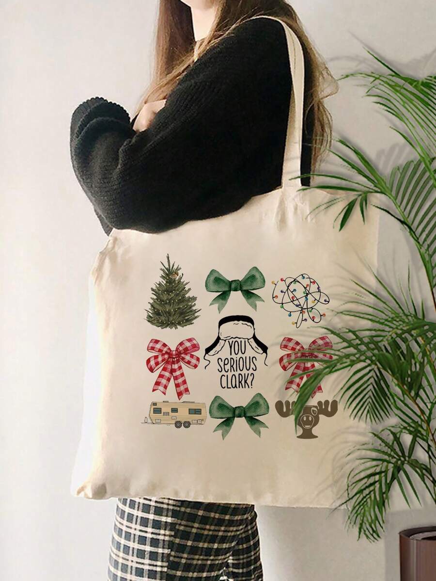 VOESETO 1 件圣诞树图案手提包单肩包，适合旅行日常通勤女士可重复使用购物袋，送给她的最佳礼物，折叠单肩包夏季海滩度假包圣诞礼物