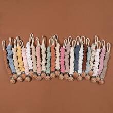 1pc Baby Infant Crinkly Fabric Stylish Print Pacifier Clip And Wooden 3-Slot Pacifier Holder, For Daily Use - Multicolor - View 3