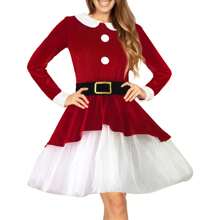 Women Christmas Santa Claus Dress Velvet Long Sleeve Mesh Hem Dress Cosplay Costume - 紅色 - 查看 1