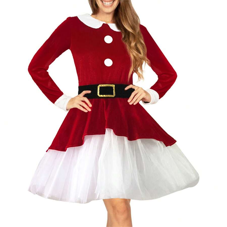 Women Christmas Santa Claus Dress Velvet Long Sleeve Mesh Hem Dress Cosplay Costume - 紅色 - 查看 1