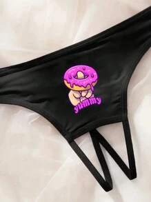 Mujer talla grande, tanga de encaje negro sexy con estampado de dona, abertura en la entrepierna