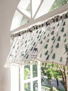 LOSPRING Linen-Like Printed Kitchen Short Curtain, Minimalist Geometric Pine Tree & Deer Tassel Edge Half Curtain - M-10 - View 5