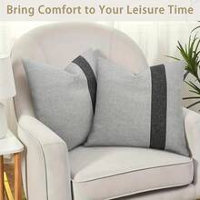 1 件农舍风格米色和卡其色拼色亚麻装饰抱枕套（不含枕芯） - 灰色 - 查看 3