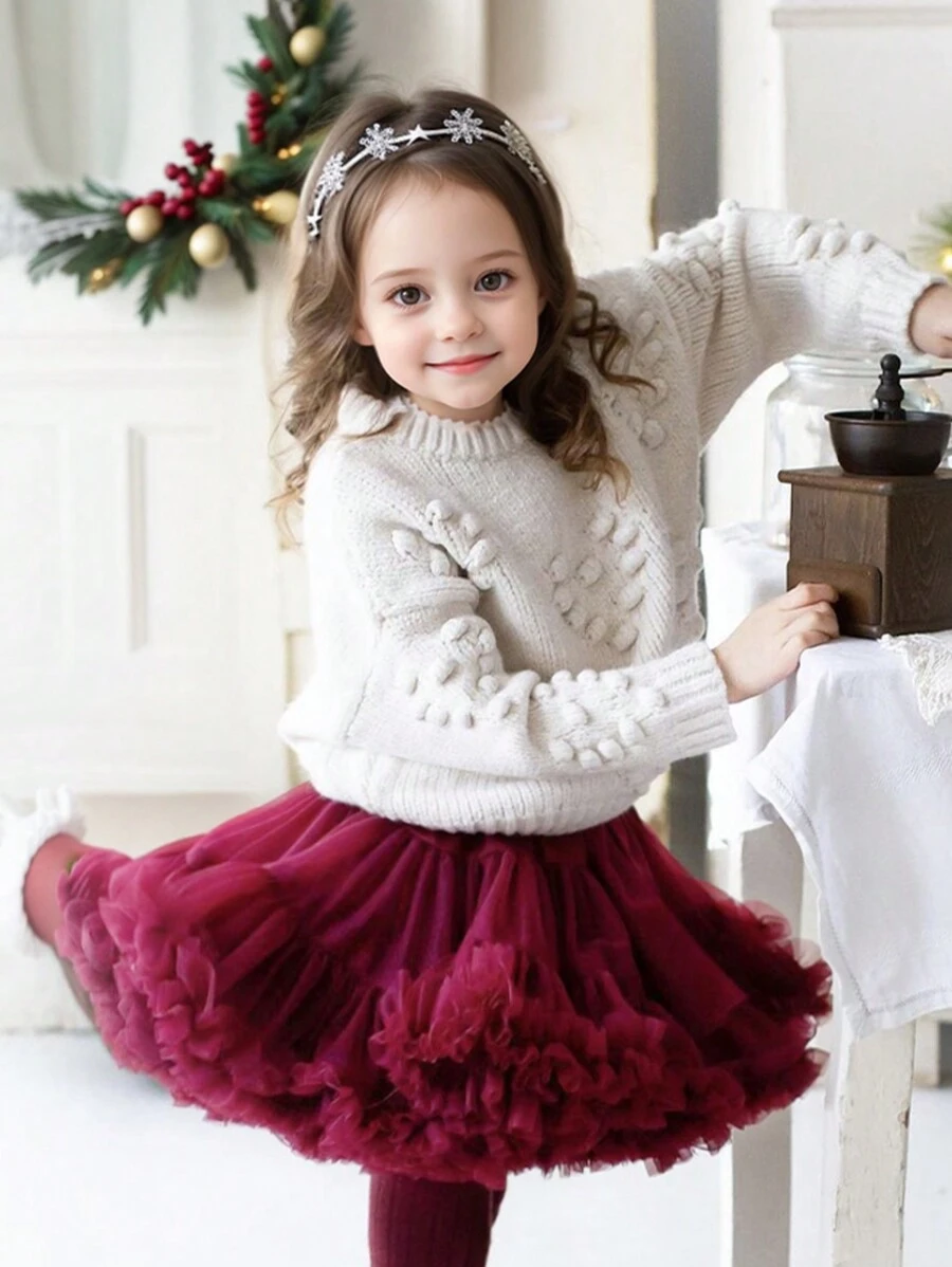 1 件年轻女孩可爱优雅少女甜美彩虹色重饰花卉荷叶边芭蕾舞裙、派对和沙滩裙、适合所有季节、生日礼物 - 酒紅色 - 查看 1