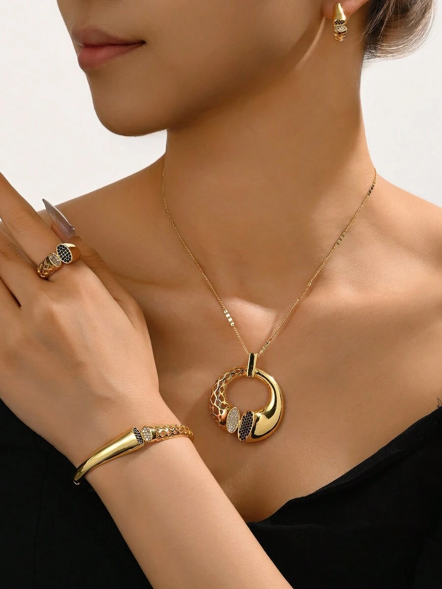 Bộ 5 chiếc vòng cổ và vòng tay bằng đá Zirconia đơn giản mạ vàng 18k hình học cho phụ nữ đeo hàng ngày - Vàng - Xem 1