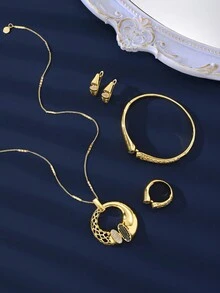 Bộ 5 chiếc vòng cổ và vòng tay bằng đá Zirconia đơn giản mạ vàng 18k hình học cho phụ nữ đeo hàng ngày - Vàng - Xem 4