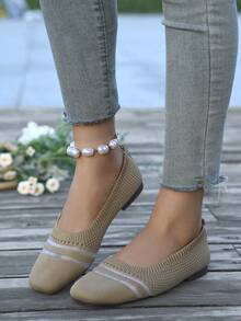 女士时尚新款透气纯色方头柔软平底一脚蹬休闲运动鞋，适合妈妈，舒适运动乐福鞋 - 卡其色 - 查看 7