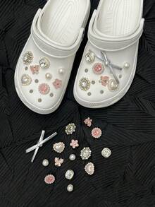 15 件可爱粉色蝴蝶花银色蝴蝶结水钻和珍珠时尚鞋夹，适合沙滩/凉鞋 - 粉色 - 查看 1