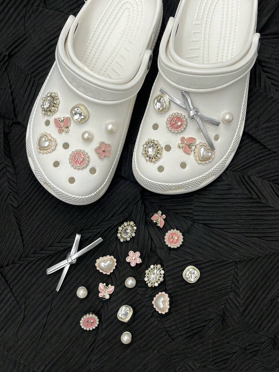 15 件可爱粉色蝴蝶花银色蝴蝶结水钻和珍珠时尚鞋夹，适合沙滩/凉鞋 - 粉色 - 查看 1