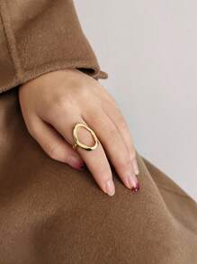 Stainless Steel Hollow Ring For Women Gold Color Geometric Oval Rings Opening Female Jewelry Simple Accessories Silver Color - Oval - View 2