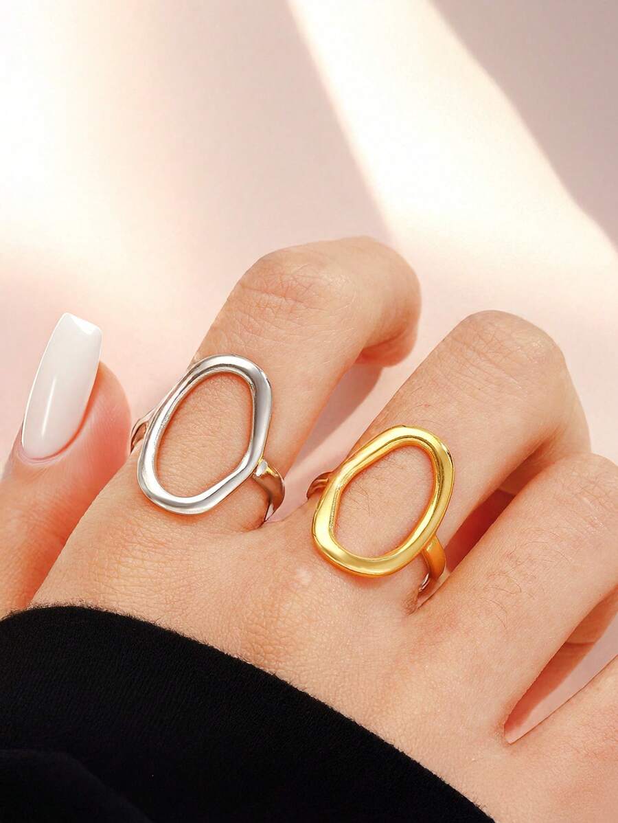 Stainless Steel Hollow Ring For Women Gold Color Geometric Oval Rings Opening Female Jewelry Simple Accessories Silver Color - Oval - View 1