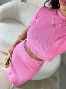 Eloa Set, Women's Set Consisting Of A Cropped Top With Sleeves And A Long Skirt With An Opening At The Back, Beautiful, Stylish And Super Comfortable - Màu Hồng baby - Xem 3