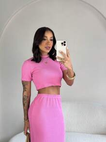 Eloa Set, Women's Set Consisting Of A Cropped Top With Sleeves And A Long Skirt With An Opening At The Back, Beautiful, Stylish And Super Comfortable - Màu Hồng baby - Xem 4