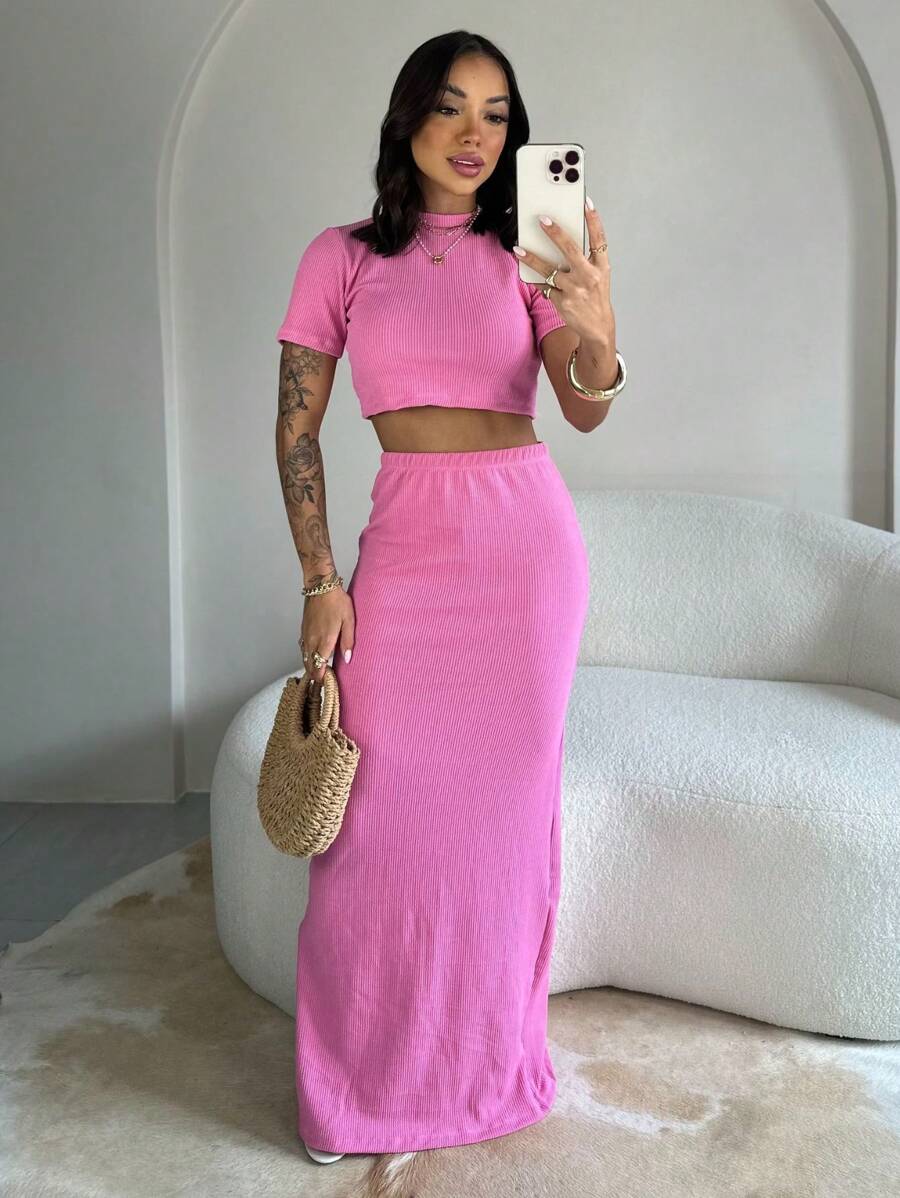 Eloa Set, Women's Set Consisting Of A Cropped Top With Sleeves And A Long Skirt With An Opening At The Back, Beautiful, Stylish And Super Comfortable - Màu Hồng baby - Xem 1