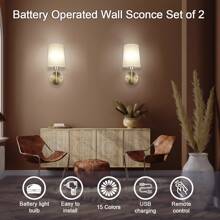 Daoteper Battery Operated Wall Sconce Set Of 2 With Remote Control,White Fabric Shade Wall Lights With Dimmable 15 RGB Rechargeable LED Light Bulb For Bedroom Living Room Hallway
