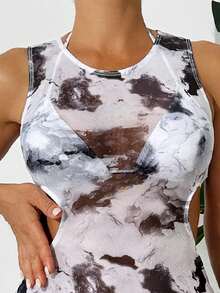 3 件套女士扎染印花罩衫，可系带泳装，比基尼，网状性感罩衫，精致风格