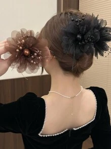 topshiny 1pc Fashionable Peony Flower & Feather Tassels Hair Clip, Elegant For Women To Wear To Meetings And Parties Valentine's Day Carnival, Mardi Gras Valentines Hair Claws Claw Clips Hair Clips Hair Jaw Clip Hair Clamps Hair Clutch Hair Catcher Clip, Casual - Multicolor - View 8