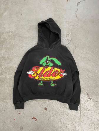 男士字母卡通印花长袖复古做旧连帽卫衣，秋季款