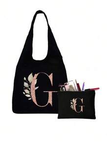 Bộ sản phẩm gồm 1 túi tote màu đen in họa tiết hoa và 1 túi nhỏ màu đen, túi tote in chữ cái A-Z màu hồng in họa tiết hoa + túi đựng mỹ phẩm, túi quà cưới/túi tote cá nhân hóa - màu đen - Xem 24