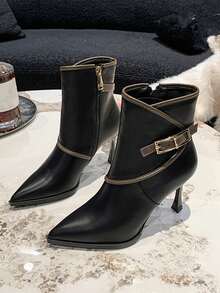 女士尖头细高跟短筒时尚拉链侧短靴，性感高跟鞋，百搭日常穿着 - 黑色 - 查看 3