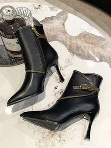 女士尖头细高跟短筒时尚拉链侧短靴，性感高跟鞋，百搭日常穿着 - 黑色 - 查看 2