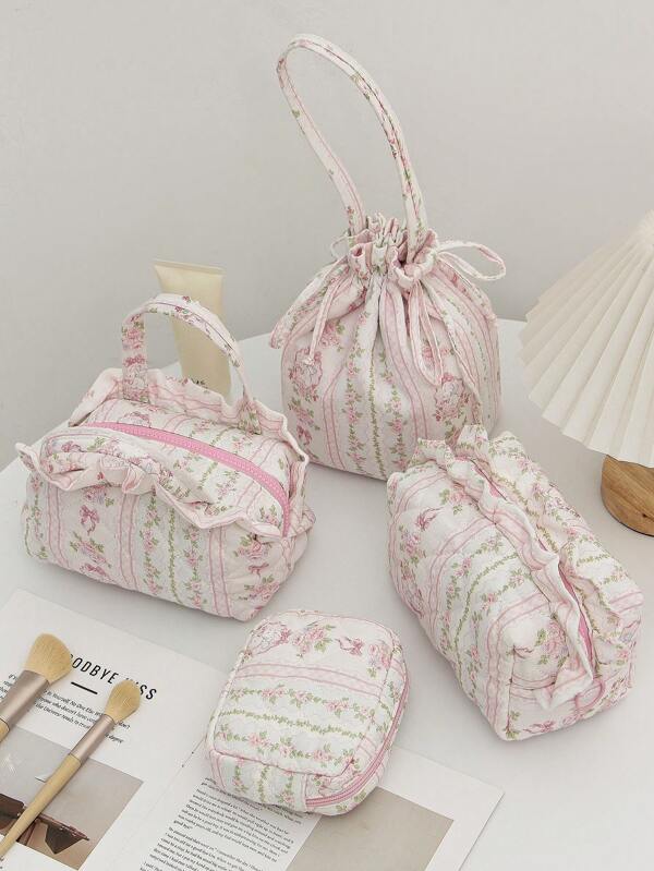 1 Piece Quilted Bow&Floral Cosmetic Bag Large Capacity Cartoon Pattern Makeup Bag Set With Print Rabbit Ruffle Floral Cosmetic Bag Travel Toiletry Bag With Print Rabbit Sanitary Pad Storage Bag Bucket Drawstring Makeup Bag Cute Mini Makeup Bag, Travel Essentials Cruise Essentials Dorm Essentials, Wedding Bridesmaid Gifts, Mom Gifts, Birthday Gifts, Gifts For Friends And Teachers, Home Decor, Perfect Gift For New Semester Makeup Bags Makeup Organizer Make Up Organizer Makeup Storage