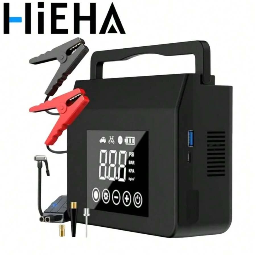 [Hieha] 带空气压缩机的便携式汽车启动器，Capapro 150PSI 4000A 快速电池启动器充电器，带数字轮胎充气机，带 Type-C 快速充电移动电源电池跳线，适用于 Apple IPhone、iPad、Android 手机，适合家人、朋友、儿童、生日、圣诞节、冬季、的礼物，适合户外玩耍、购物、旅行、便携式电源安全稳定的聚合物锂电池。 - 預設 - 查看 1