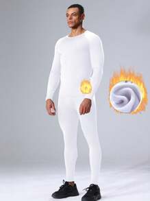 2 件套男友风格男士保暖运动套装、保暖内衬健身服、长袖打底衫和紧身健身套装 - 白色 - 查看 4