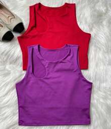 BIA KIT WITH 2 WOMEN'S CROPPED TOPS IN SUPLEX FABRIC WITH HOLE DETAIL ON THE SHOULDER, SUMMER - Màu Hoa hồng đỏ - Xem 2