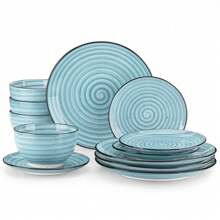 vancasso Juego de vajilla de gres de 12 piezas, plato llano, plato de postre y cuenco para 4 personas, juego azul claro, motas pintadas a mano