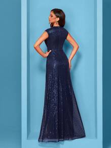 Women's Elegant Evening Dress, Luxurious Glamorous Fabric With Sequins, Mid-Waist Pleated Design For Youthful And Charming Look, Suitable For Parties, Graduations, Weddings, Events And Various Formal Occasions, Women's Formal Ball Gown (Deluxe Version) - 藏蓝色 - 查看 6